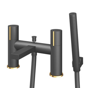 Enzo Black & Gold Round Deck Mounted Bath Shower Mixer Tap with Handset