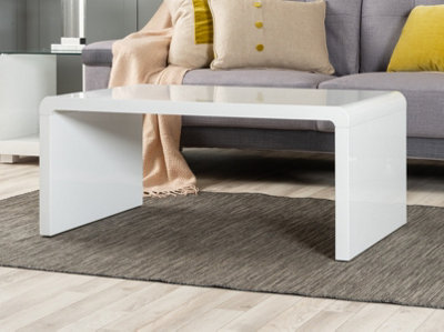 Enzo White High Gloss Rectangular Coffee Table with Sleek Simple Minimalist Design and Curved Edges for Living Rooms