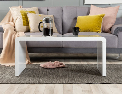 Enzo White High Gloss Rectangular Coffee Table with Sleek Simple Minimalist Design and Curved Edges for Living Rooms