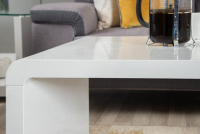 Enzo White High Gloss Rectangular Coffee Table with Sleek Simple Minimalist Design and Curved Edges for Living Rooms