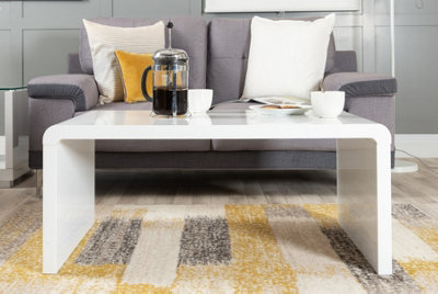 Enzo White High Gloss Rectangular Coffee Table with Sleek Simple Minimalist Design and Curved Edges for Living Rooms