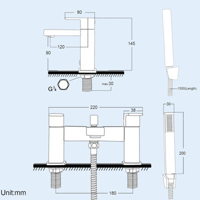 Eoro Square Basin Mono and Bath Shower Mixer Taps Chrome - 4