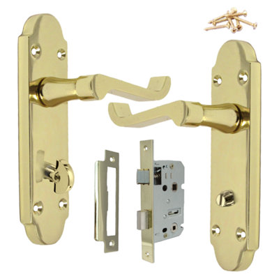 Epsom Door Handle Bathroom Lock Scroll Lever - Brass Pack