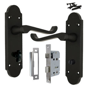 Epsom Door Handle Bathroom Lock Scroll Lever - Matt Black Chrome Pack