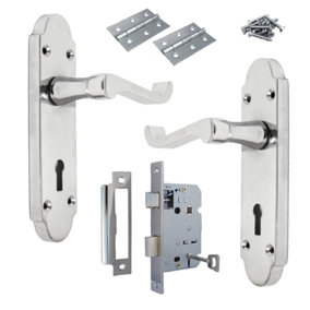 Epsom Door Handle Key Lock Scroll Lever - Polished Chrome Pack Hinges