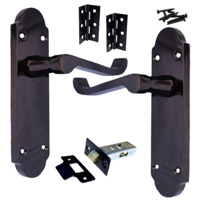 Epsom Door Handle Latch Scroll Lever - Black Nickel Pack Hinges