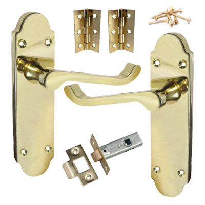 Epsom Door Handle Latch Victorian Scroll Lever - Brass Pack Hinges