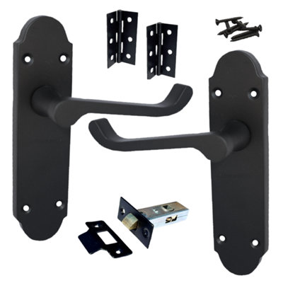 Epsom Door Handle Latch Victorian Scroll Lever - Matt Black Pack Hinges