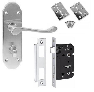 Epsom Style Bathroom Door Handle Satin Chrome with Bathroom Lock and Hinges