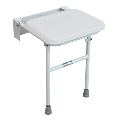 Ergonomic Compact Folding Shower Seat with Support Legs - Wall Mounted White Padded Design