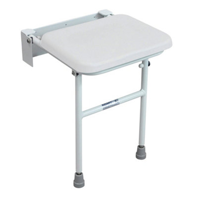 Ergonomic Compact Folding Shower Seat with Support Legs - Wall Mounted White Padded Design