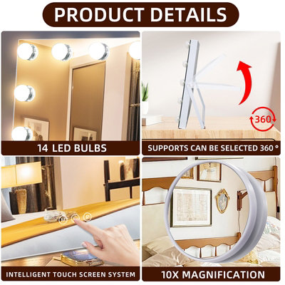 Ergonomic Hollywood Vanity Mirror 14 Dimmable LED Touch Control 50x40cm
