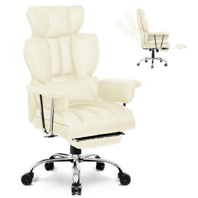 Ergonomic Leather Office Chair with Footrest-Beige