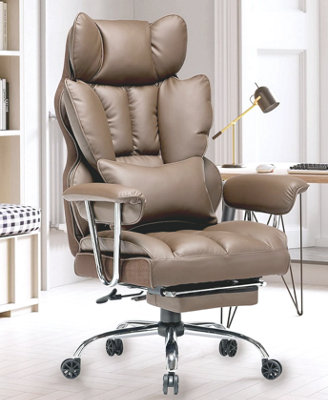 Ergonomic Leather Office Chair with Footrest-Khaki