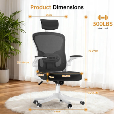 Ergonomic Mesh Office Chair With Lumbar Support - Height Adjustable, Flip-Up Arms, Black