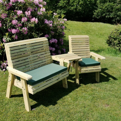 Ergonomic Trio Set Wooden Garden Bench & Chair Set - Attach Tray to Arms - L75 x W220 x H105 cm - Fully Assembled