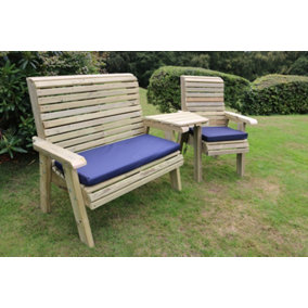 Ergonomic Trio Set Wooden Garden Bench & Chair Set - Attach Tray to Arms - L75 x W220 x H105 cm - Fully Assembled