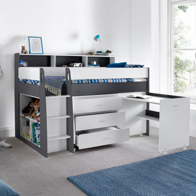 Erin Grey and White Mid Sleeper Bed With Desk And Spring Mattress