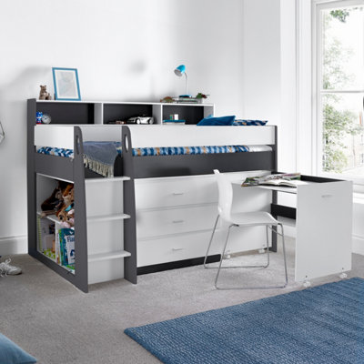 Erin Grey and White Mid Sleeper Bed With Desk And Spring Mattress