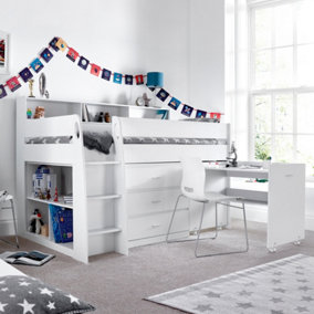 Erin White Mid Sleeper Bed With Desk And Spring Mattress