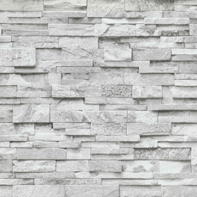 Erismann 3D Effect Brick Wallpaper Grey White Stone Tile Rustic Vinyl ...