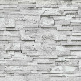 Erismann 3D Effect Brick Wallpaper Grey White Stone Tile Rustic Vinyl Paste Wall