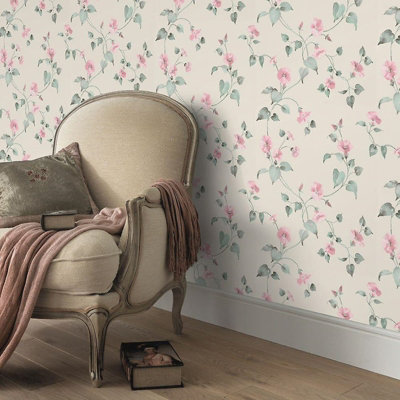 Erismann Abode Laura Floral Wallpaper Pink & Green 05549-02