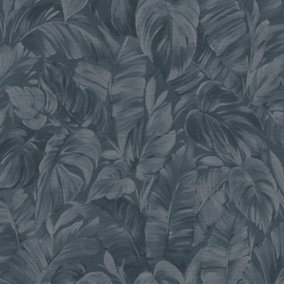 Erismann Abode Play of Light Palm Leaves Foliage Navy Blue Wallpaper