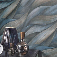 Erismann Casual Chic Leaf Waves Nature Leaves Motif Metallic Textured Wallpaper Blue Dark Green 10257-08