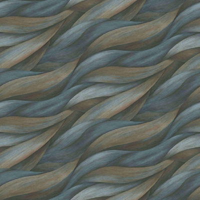 Erismann Casual Chic Leaf Waves Nature Leaves Motif Metallic Textured Wallpaper Blue Dark Green 10257-08