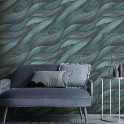 Erismann Casual Chic Leaf Waves Nature Leaves Motif Metallic Textured Wallpaper Petrol Purple 10257-18