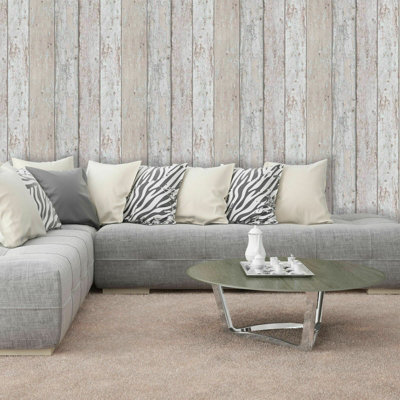 Erismann Grey Brown Realistic Distressed Wood Grain Plank Panel Effect