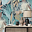 Erismann Jungle Wild Palm Leaves Leaf Exotic Textured Vinyl Feature Wallpaper Blue Grey 10271-08