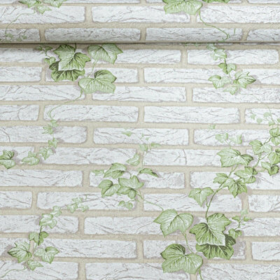 Erismann Rustic Brick Effect Floral Leaf Green Grey Textured Wallpaper