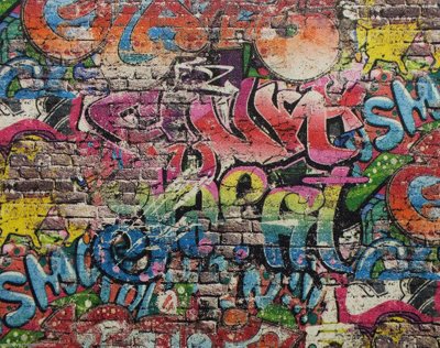 Erismann Rustic Brick Graffiti Multi Red Yellow Textured Feature Wallpaper