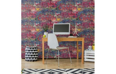 Erismann Rustic Brick Graffiti Multi Red Yellow Textured Feature Wallpaper