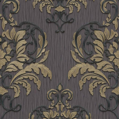 Erismann Spotlight Damask Charcoal Gold Wallpaper Paste The Wall Textured Vinyl