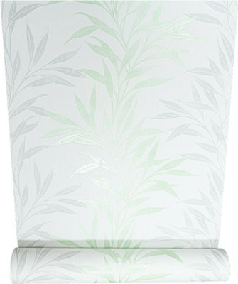 Erismann White Silver Lime Green Leaf Floral Glitter Textured Vinyl Wallpaper