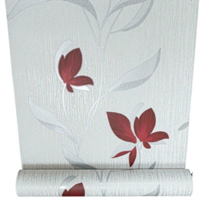 Erismann White Silver Red Floral Metallic Shimmer Glitter Textured Wallpaper