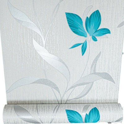 Erismann White Silver Teal Floral Metallic Shimmer Glitter Textured Wallpaper