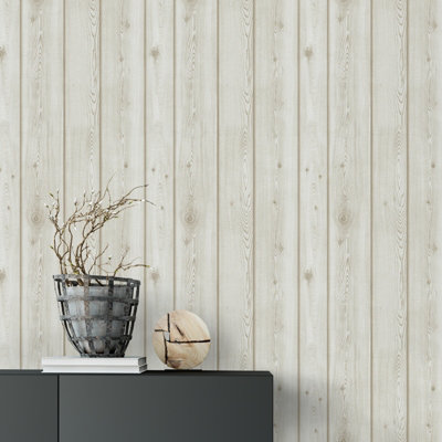 thumbnail image 2 of Cream Wood Optic Paneling Wallpaper - 3D Textured Timber Plank Effect, Easy Apply 2 of 14