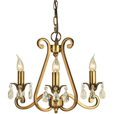 Esher Ceiling Pendant Chandelier Antique Brass & Crystal Curved 3 Lamp Light