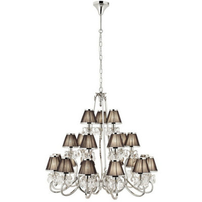 Esher Ceiling Pendant Chandelier Nickel Crystal & Black Shades 21 Lamp Light