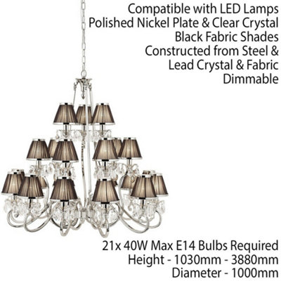 Esher Ceiling Pendant Chandelier Nickel Crystal & Black Shades 21 Lamp Light