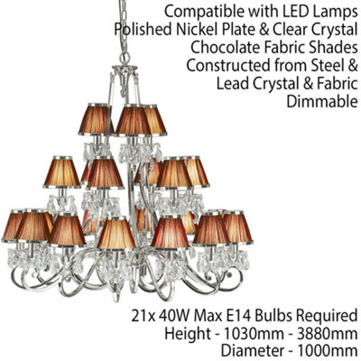 Esher Ceiling Pendant Chandelier Nickel Crystal & Brown Shades 21 Lamp Light