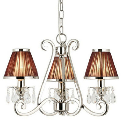 Esher Ceiling Pendant Chandelier Nickel Crystal & Brown Shades 3 Lamp Light