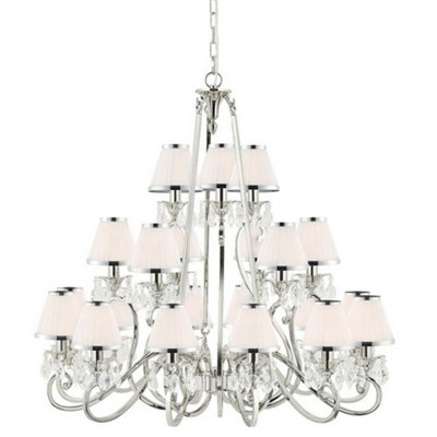 Esher Ceiling Pendant Chandelier Nickel Crystal & White Shades 21 Lamp Light