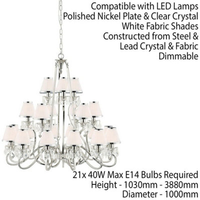 Esher Ceiling Pendant Chandelier Nickel Crystal & White Shades 21 Lamp Light