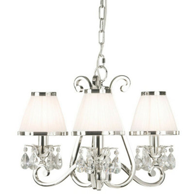 Esher Ceiling Pendant Chandelier Nickel Crystal & White Shades 3 Lamp Light