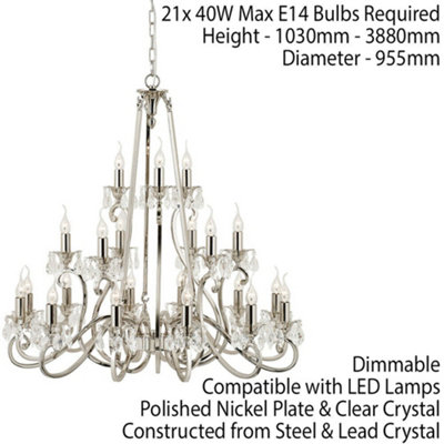 Esher Ceiling Pendant Chandelier Polished Nickel & Crystal Curved 21 Lamp Light